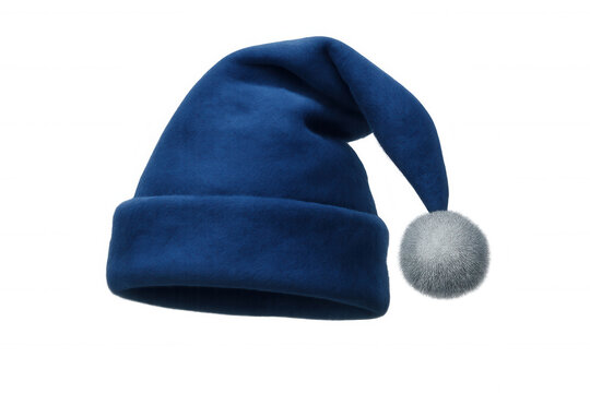 Blue velvet sleeping cap with a soft grey pom-pom, representing comfort, rest, and bedtime concept