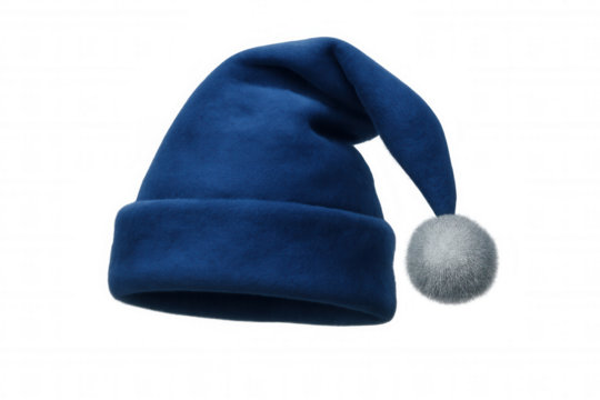 Blue velvet sleeping cap with a soft grey pom-pom, representing comfort, rest, and bedtime concept