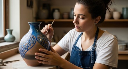 Artisan Woman Painting Intricate Blue Designs on Ceramic Vase