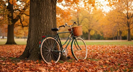 Obraz premium Bicycle rests against a tree trunk surrounded by fallen leaves in autumn.