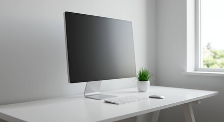 Computer monitor plant and pen on white desk against a white wall.