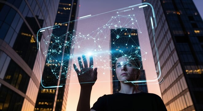 Futuristic Holographic Network Interface with Person in Cityscape