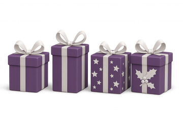 Fototapeta premium Purple christmas gift boxes with white ribbons, star and holly decorations, celebrating holidays and special occasions