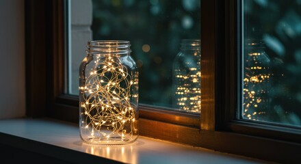 Glass jar with string lights on a windowsill at night.