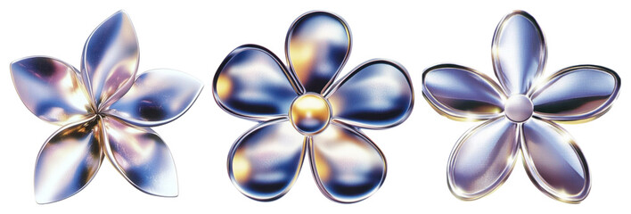 PNG Three metallic flowers with reflective petals element set on transparent background.
