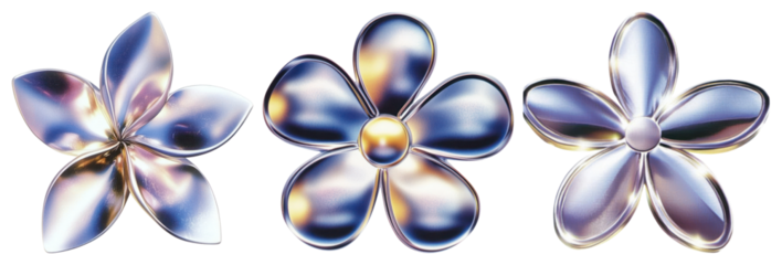 PNG Three metallic flowers with reflective petals element set on transparent background.