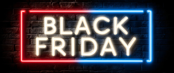 Black Friday sale. Black Friday neon sign on brick wall background. Glowing white and red neon text in blue frame for advertising and promotion. Banner and background, brochure and flyer design