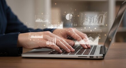 Person typing on a laptop with digital overlay on a wooden desk.