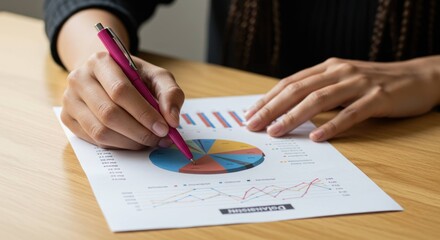 Person holds pen over pie chart on paper on wooden desk.