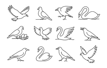 Collection of linear bird designs featuring swans, doves, and crows