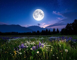 Night meadow with full moon