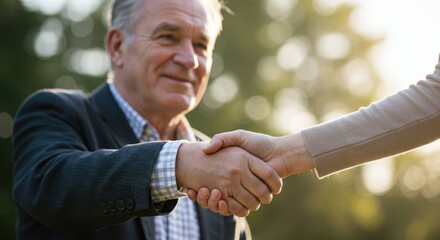 Older man in suit shaking hands with another person outdoors in sunlight.