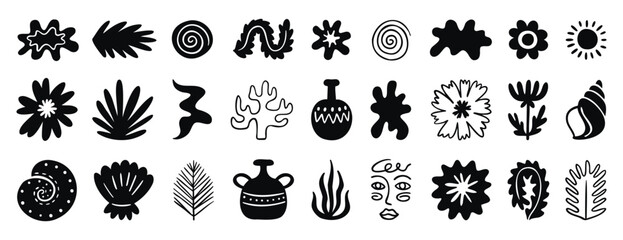 Boho Mediterranean set monochrome line art with soft motifs, hand drawn