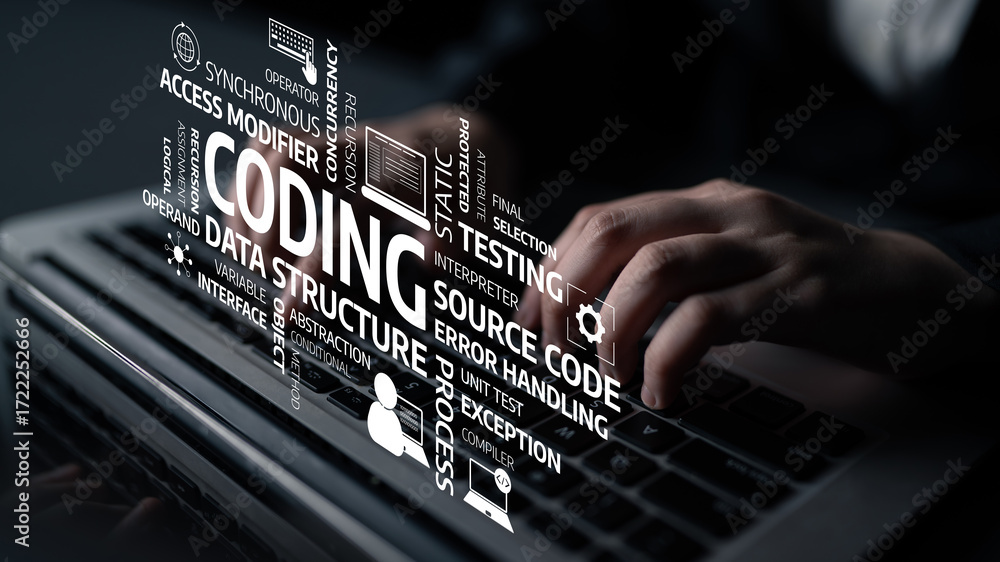 Aufkleber a close-up view of hands typing on a keyboard with abstract coding terminology in the background. th