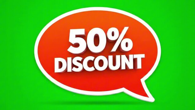 Red speech bubble displaying a 50% discount message against a green backdrop. The bright colors and bold text create a visually striking advertisement.