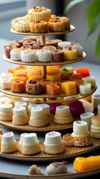 Elegant dessert tower: delectable assortment on tiered display in sunlit room