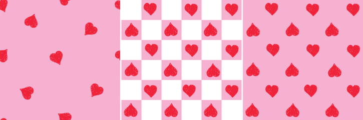 Checkerboard red hearts. Vector seamless pattern. Pink background. sketchy doodle. hand drawn abstract style. lattice print. Love heart shape. Pretty Valentine's day. girly cute design. Illustration