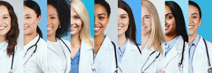 A vibrant collage features a group of doctors, including women and men of various ethnic backgrounds. Each doctor wears a white coat, smiling confidently in their medical roles.