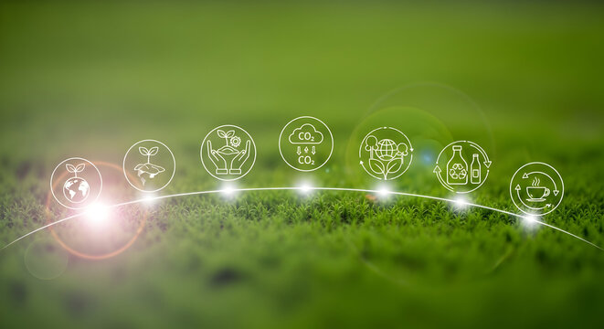Environmental sustainability journey with glowing icons on a green field, representing eco-friendly development and future technology