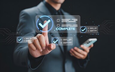 Businessman interacting with digital checklist and completion confirmation on futuristic interface