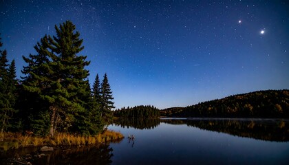 Night sky over a calm lake, trees at the shore