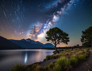 Night sky over a lake with a lone tree