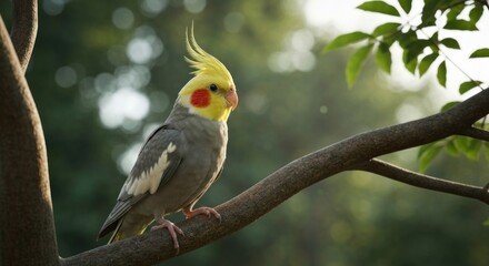 Close-up of a grey and yellow cockatoo perched on a branch.  Sunlight filters through the trees