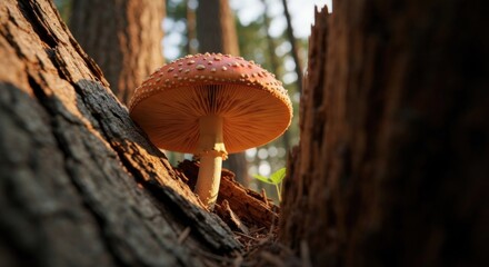 Close-up of a vibrant orange-red fly agaric mushroom nestled between weathered tree trunks in a sunlit forest