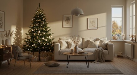 Fototapeta premium Living room with christmas tree sofa art and natural light interior scene.