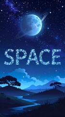 Night sky over a landscape with planets