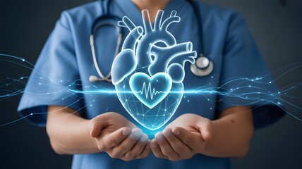Medical professional holding a glowing digital heart with electrocardiogram