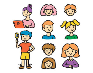 Kids characters set, boy with magnifier, girl at desk and with laptop, colorful, hand drawn