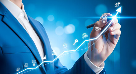 Professional hand drawing an upward trend graph on a glowing digital interface, symbolizing business growth, strategic planning, and financial success via innovative technology