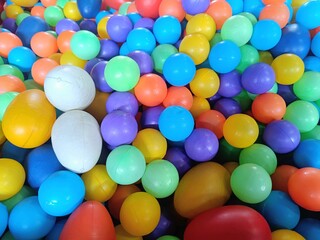 A vibrant and colorful full-frame shot of plastic balls in various sizes and hues