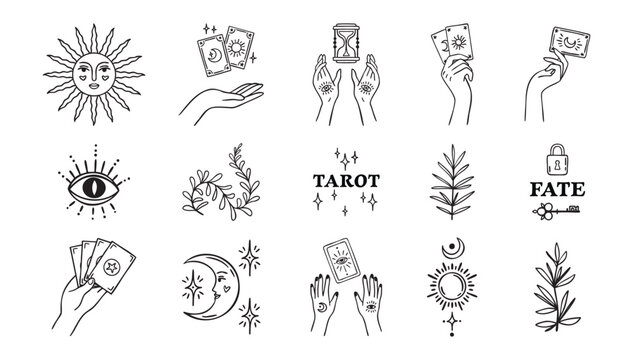Boho set of tarot and plants, witch hands, fortune teller elements, astrology theme, hand drawn, monochrome line art, outline contour