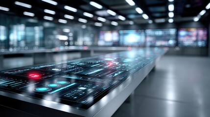 Futuristic AI Dashboard Cyber Tech Background with Blue Red Lights in a Tech Control Room
