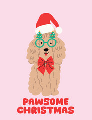 Cute Christmas dog illustration with Santa's hat and Christmas tree glasses. Vector holiday slogan with red ribbon and bow. cartoon sketchy child like.  On pink Background For girls or ladies fashion.