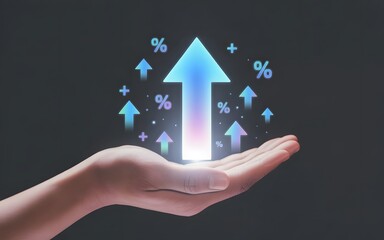 Hand holding glowing upward arrow symbolizing growth and success