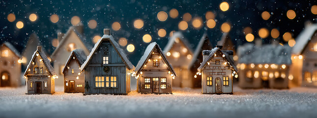 Obraz premium Abstract Christmas Winter Panorama with Wooden Houses Christmas String Lights in Cold Snow Landscape and Glowing Golden Lights in Background. Panorama, Banner. Christmas or Energy themes.
