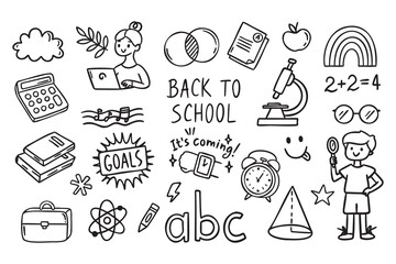Fototapeta premium Back to School set, boy with magnifier, girl with laptop, ABC and exam, apple and microscope, rainbow and glasses, line art outline contour monochrome hand drawn