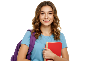 Smiling student with books and backpack, ready for school and education