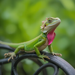 Obraz premium Green Anole lizard (Anolis carolinensis) showing off his bright pink dewlap on an iron bench in the garden. Natural green background with copy space.