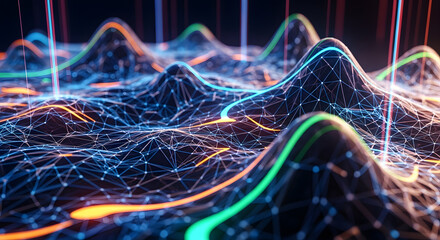 Dynamic digital network visualization with glowing data streams and interconnected nodes, representing global connectivity and technological advancement.