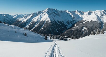 Snowy mountain range with clear blue sky and a path through the snow.