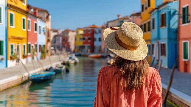 Woman in a straw hat enjoys the view of the colorful houses of Burano Island, Italy