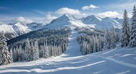 Snowy mountain landscape with trees covered in snow under a blue sky.