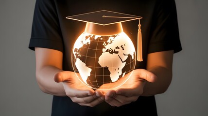 Person holding glowing earth with graduation cap symbolizing global education and knowledge