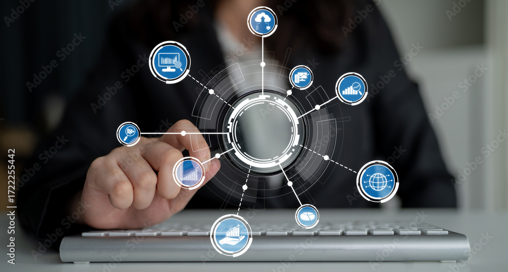 Aufkleber a business professional engages with a virtual data interface showcasing various tech symbols. this 