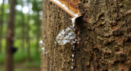 Macro Shot of Rubber Latex Bubbles on Freshly Tapped Bark