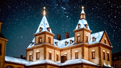 Fototapeta premium Enchanting winter wonderland castle with snow-covered roof under a starry sky evokes magical holiday spirit, perfect for festive season campaigns